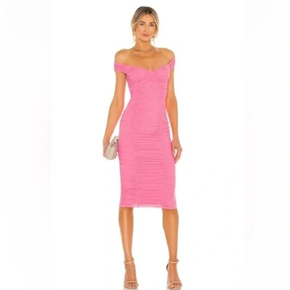 Majorelle Barbie Pink Ruched off Shoulder Tabitha Midi Dress S - Picture 1 of 7
